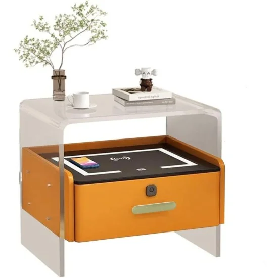 Smart Acrylic Nightstand with Wireless Charging & Fingerprint Drawer &ndash; Orange